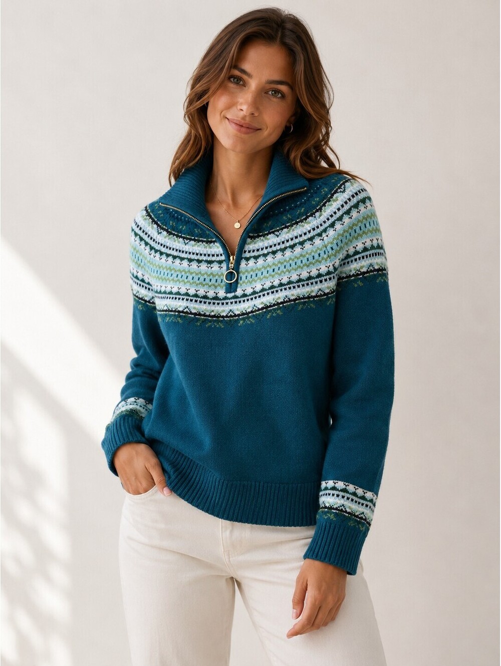 Talbots Fair Isle Quarter Zip Holiday Sweater Teal Nordic Après Ski S Cottage